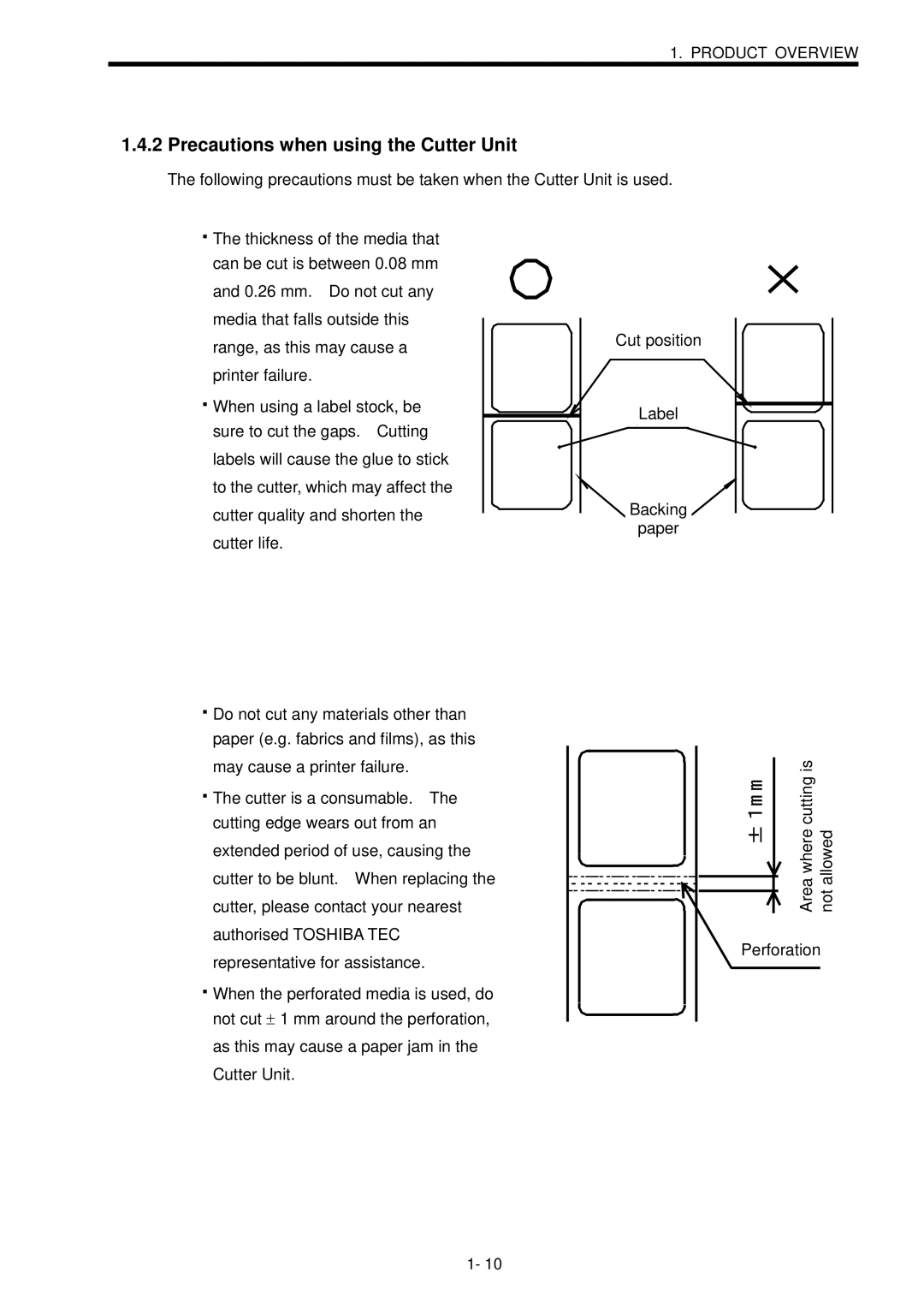 Toshiba B-SX600 manual Precautions when using the Cutter Unit 