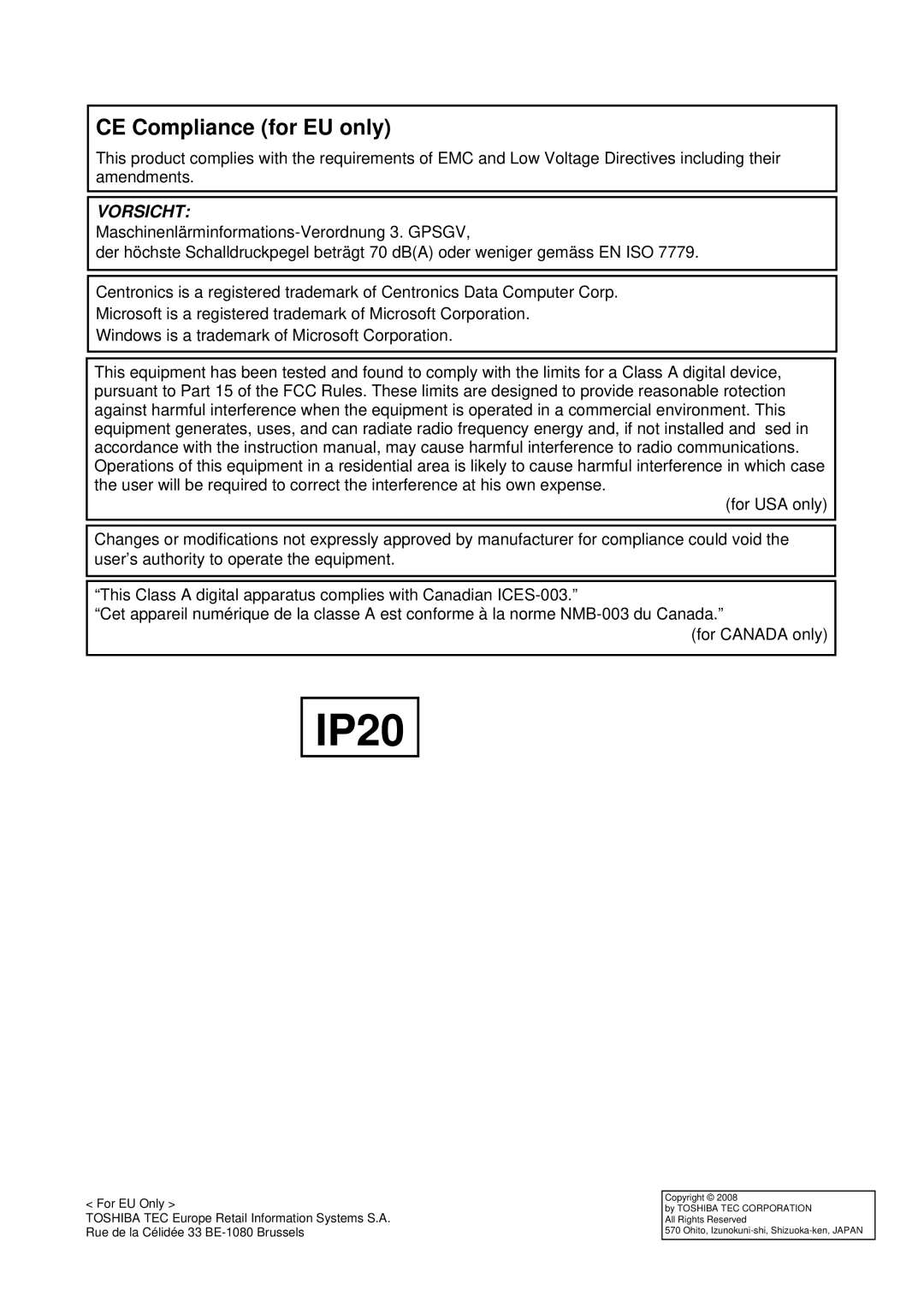 Toshiba B-SX600 manual CE Compliance for EU only, Vorsicht 