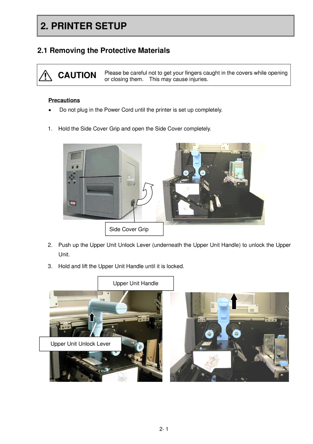 Toshiba B-SX600 manual Printer Setup, Removing the Protective Materials, Precautions 