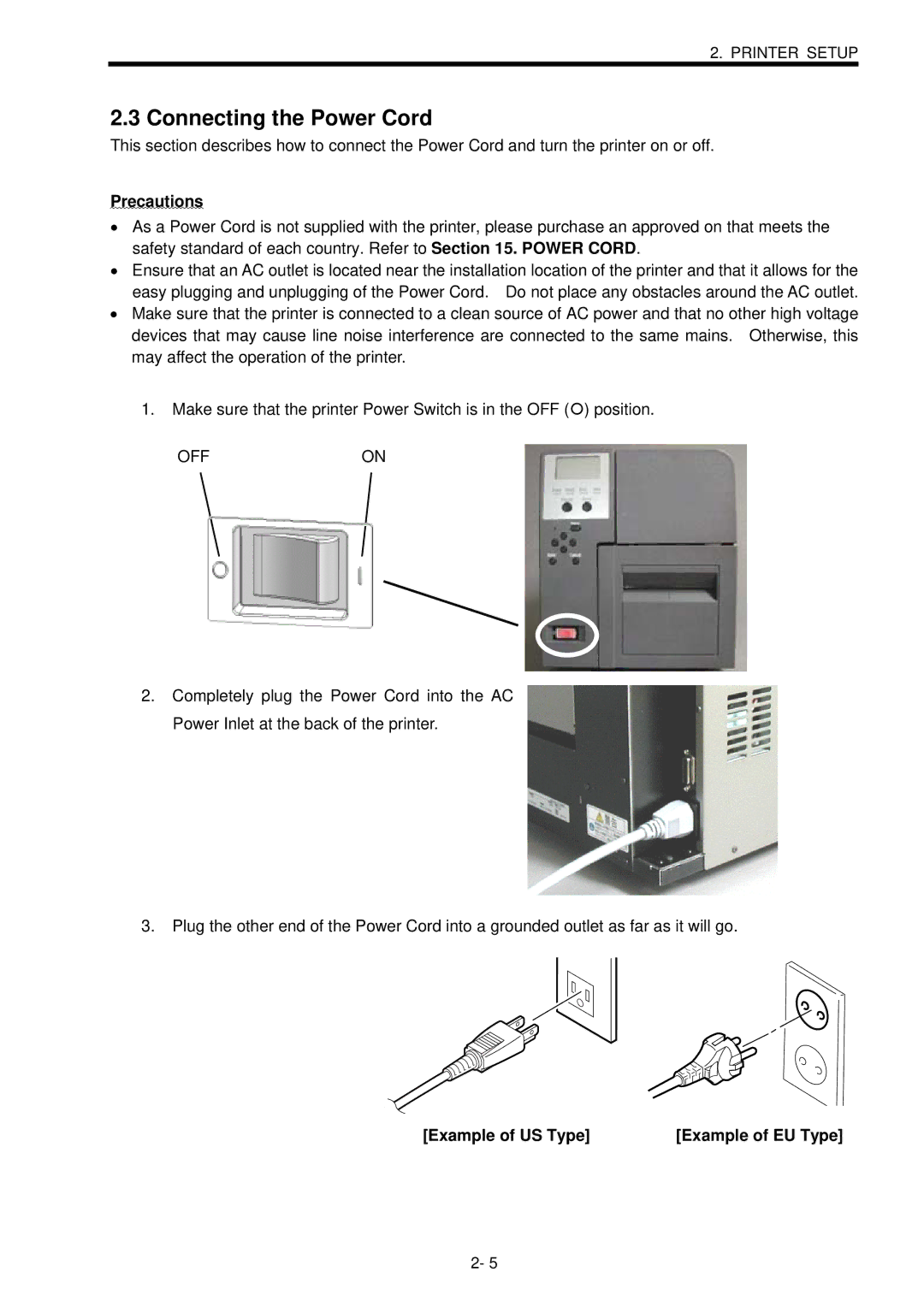 Toshiba B-SX600 manual Connecting the Power Cord, Example of US Type 