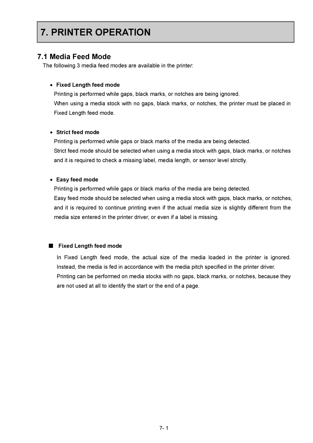 Toshiba B-SX600 manual Printer Operation, Media Feed Mode, Fixed Length feed mode, Strict feed mode, Easy feed mode 