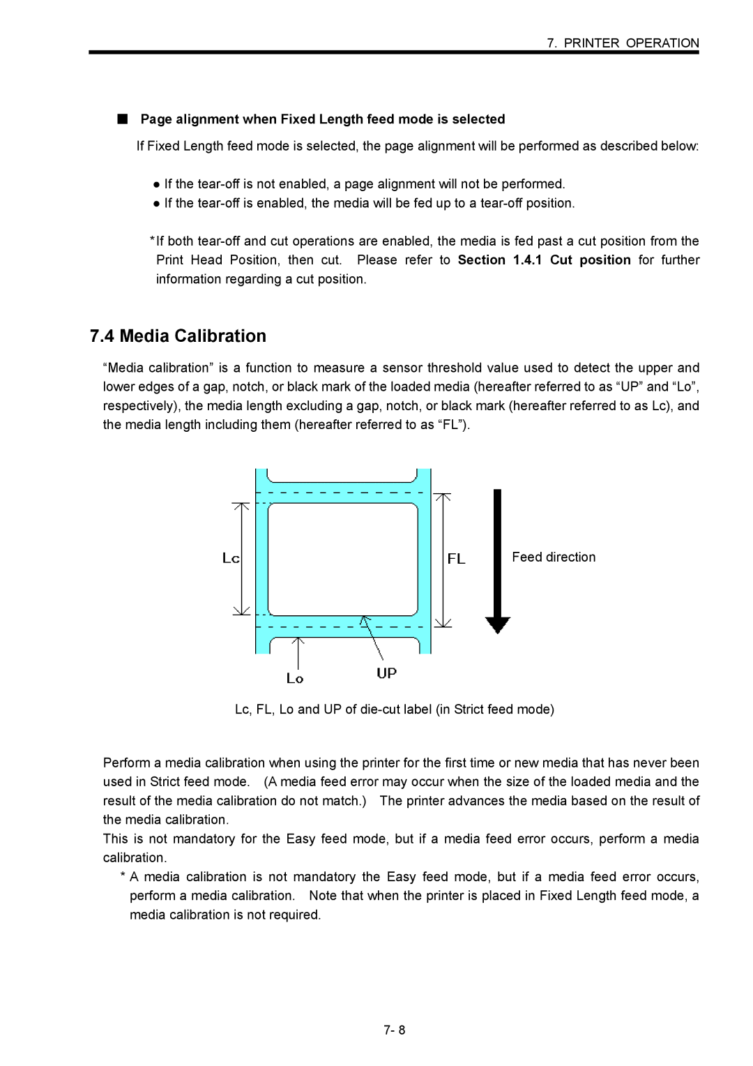 Toshiba B-SX600 manual Media Calibration, Alignment when Fixed Length feed mode is selected 