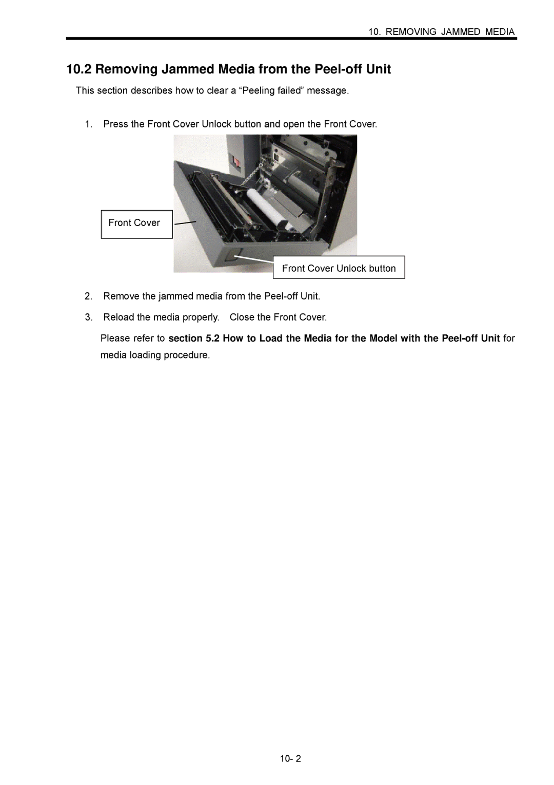 Toshiba B-SX600 manual Removing Jammed Media from the Peel-off Unit 