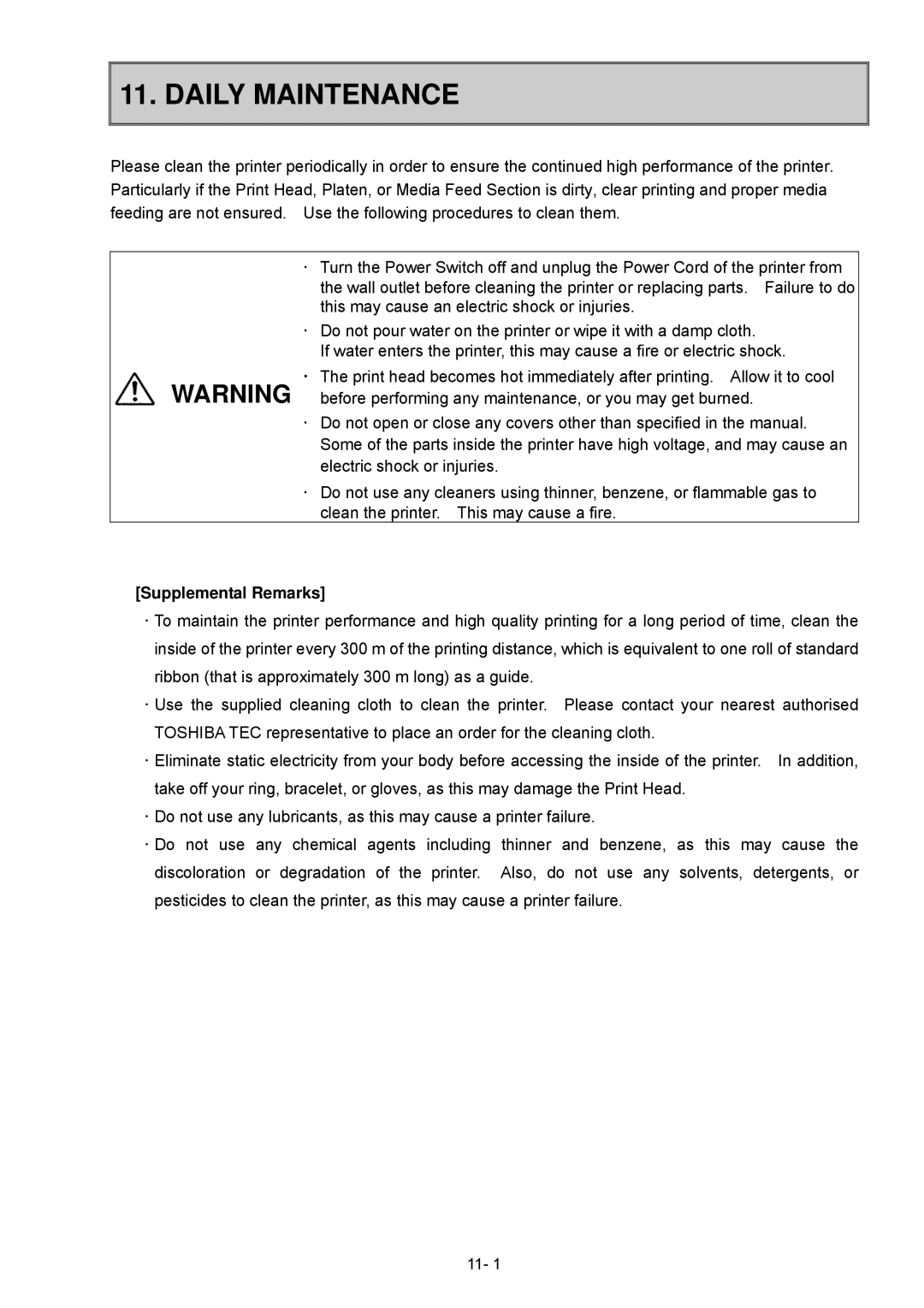 Toshiba B-SX600 manual Daily Maintenance, Supplemental Remarks 