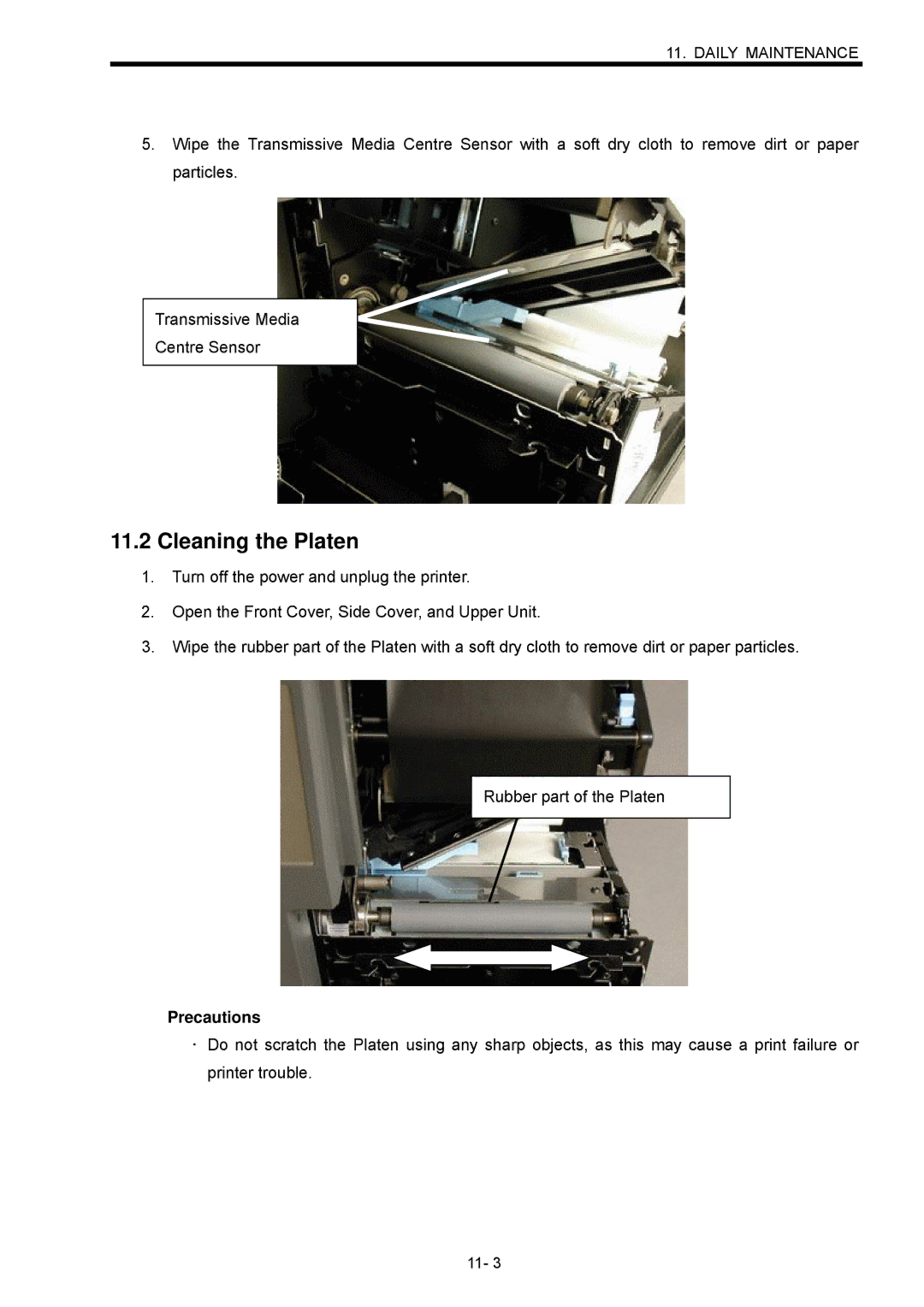 Toshiba B-SX600 manual Cleaning the Platen, Precautions 