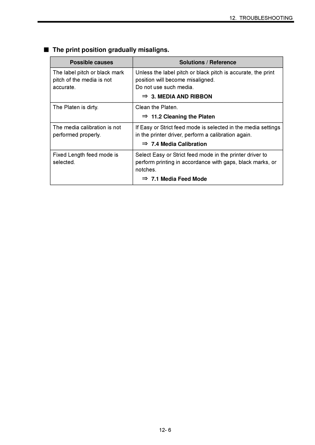 Toshiba B-SX600 manual Print position gradually misaligns, ⇒ 7.4 Media Calibration, ⇒ 7.1 Media Feed Mode 