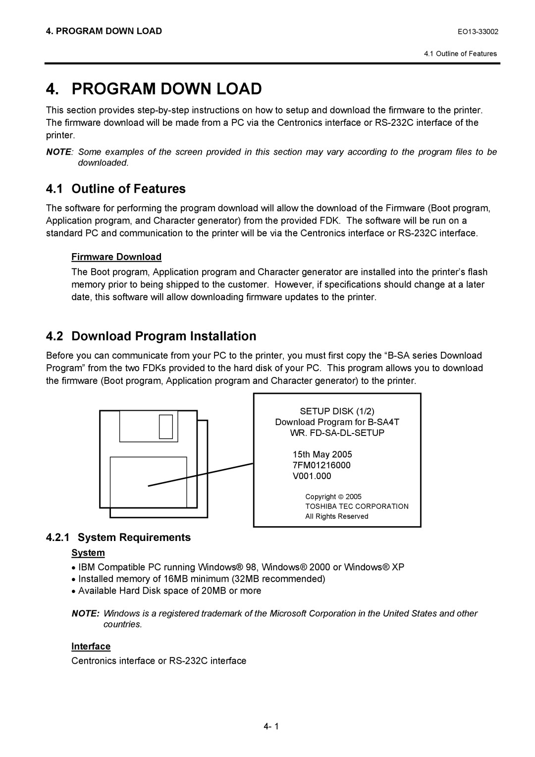 Toshiba B-SX8T, B-SX6T manual Outline of Features, Download Program Installation, System Requirements 