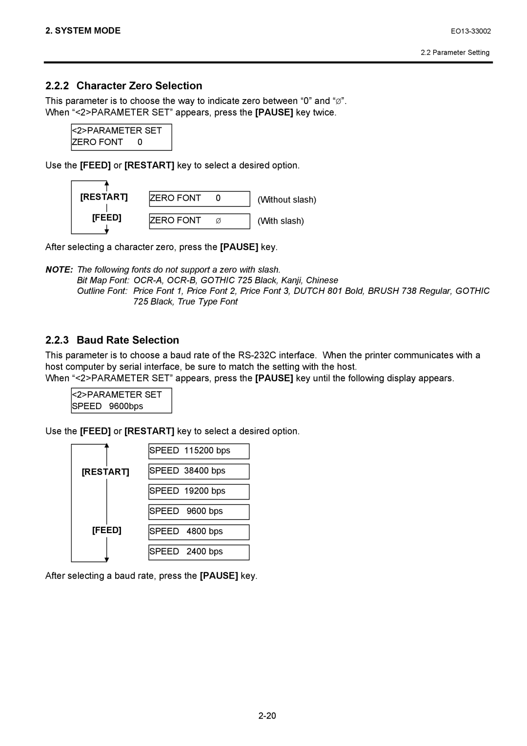 Toshiba B-SX6T manual Character Zero Selection, Baud Rate Selection, After selecting a character zero, press the Pause key 