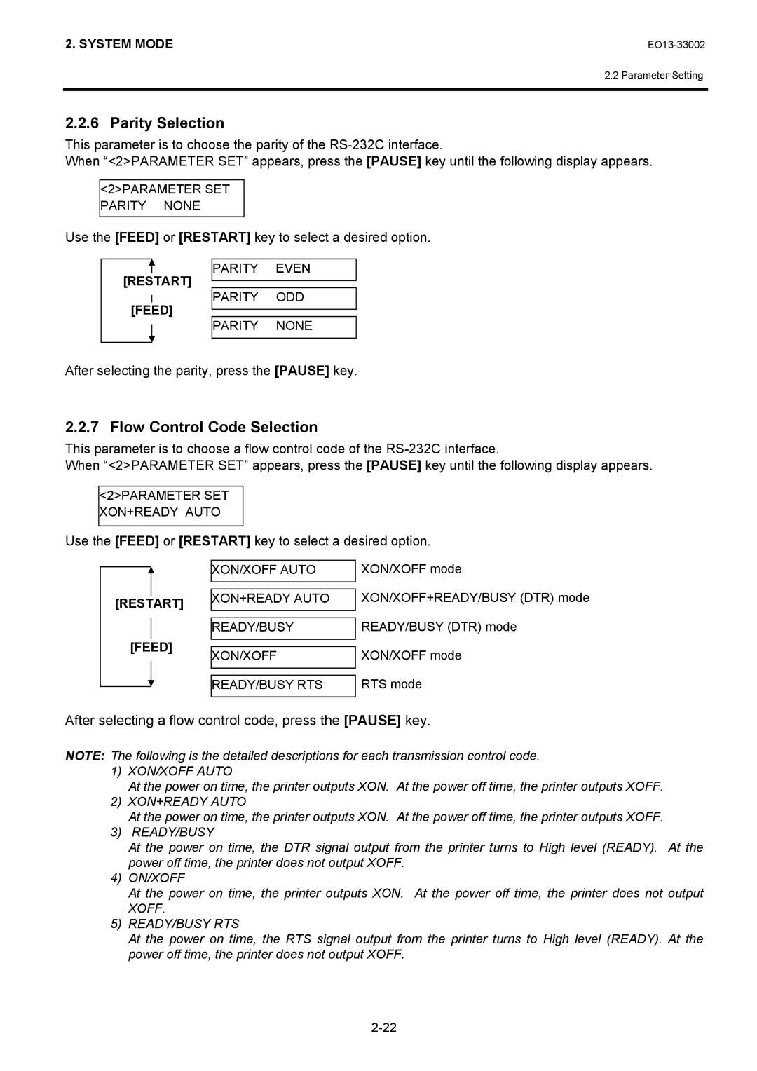 Toshiba B-SX6T, B-SX8T manual Parity Selection, Flow Control Code Selection, After selecting the parity, press the Pause key 