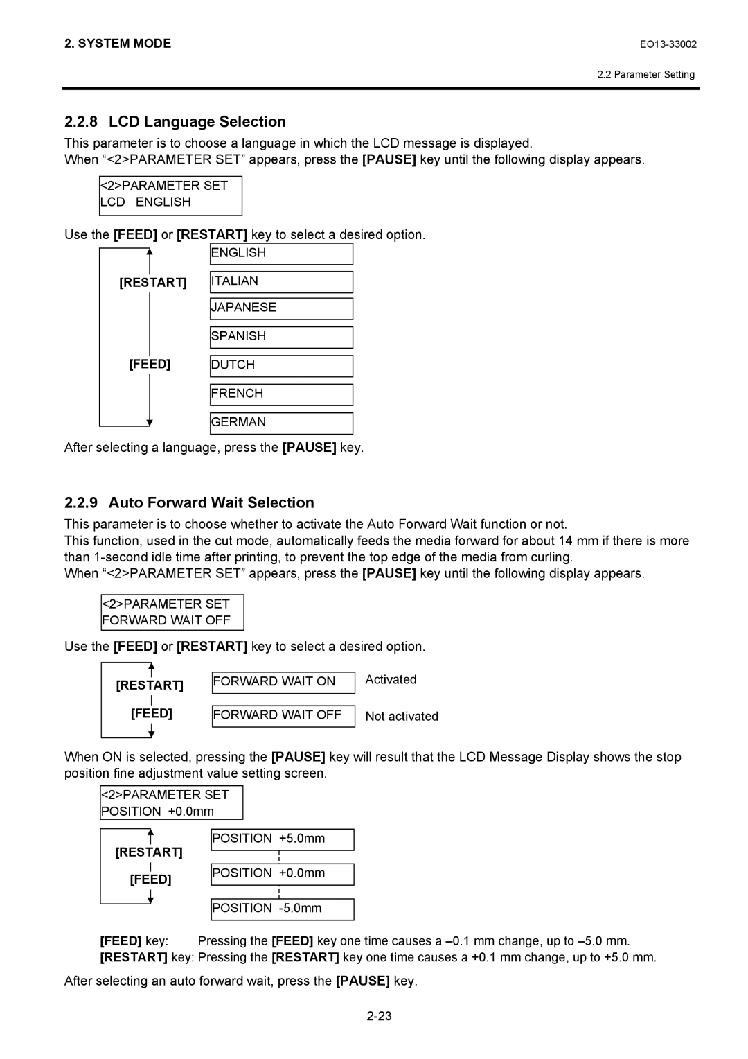 Toshiba B-SX8T manual LCD Language Selection, Auto Forward Wait Selection, After selecting a language, press the Pause key 