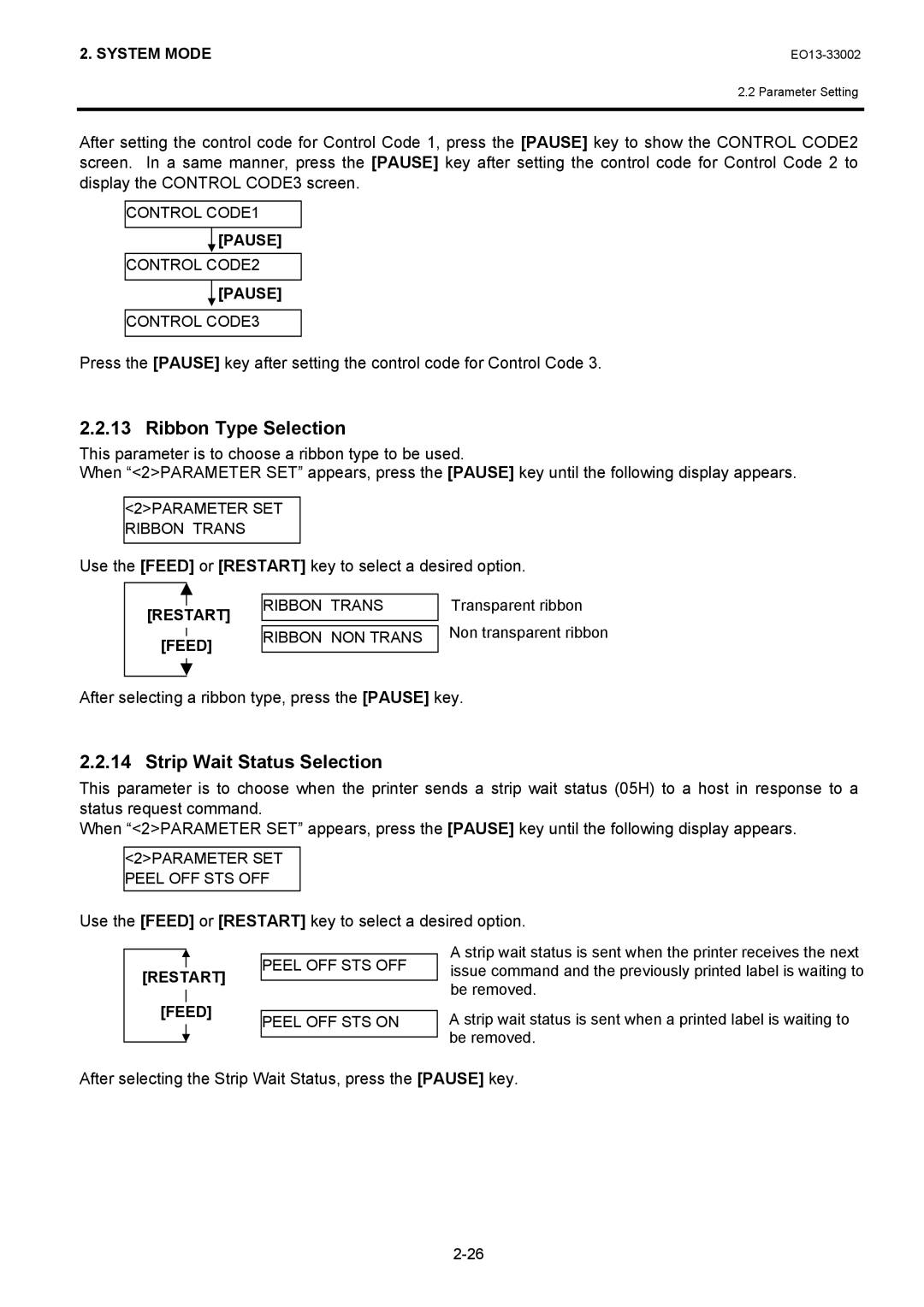 Toshiba B-SX6T Ribbon Type Selection, Strip Wait Status Selection, After selecting a ribbon type, press the Pause key 