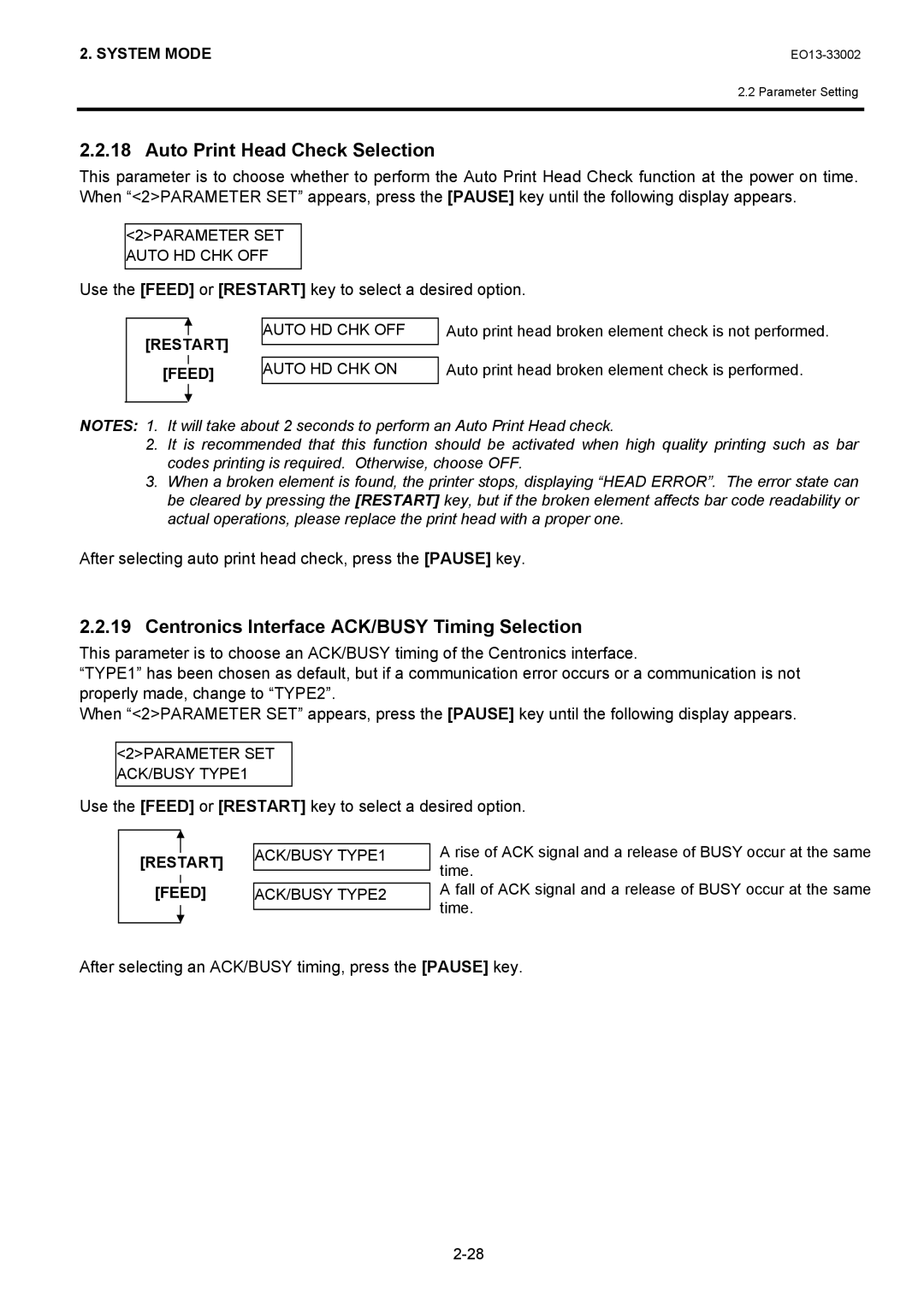 Toshiba B-SX6T, B-SX8T manual Auto Print Head Check Selection, Centronics Interface ACK/BUSY Timing Selection 