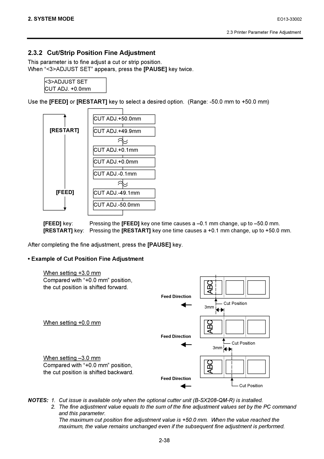 Toshiba B-SX6T, B-SX8T 2 Cut/Strip Position Fine Adjustment, Example of Cut Position Fine Adjustment, When setting +0.0 mm 