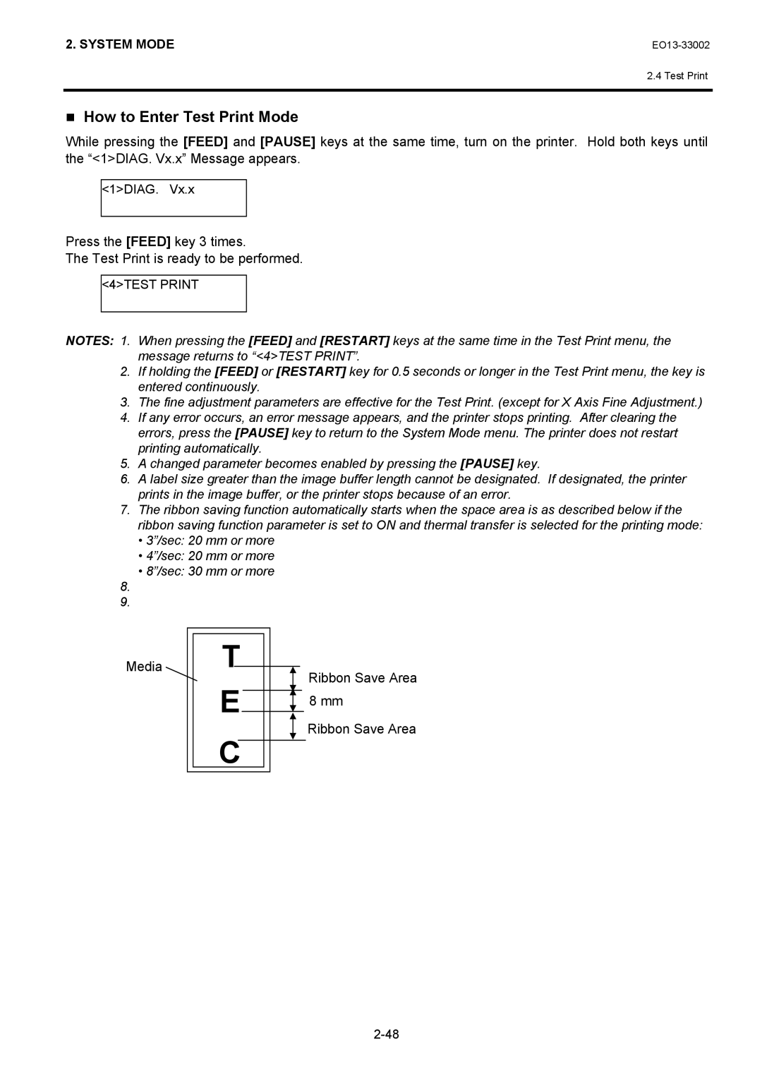 Toshiba B-SX6T, B-SX8T manual How to Enter Test Print Mode, Media Ribbon Save Area 8 mm, 4TEST Print 