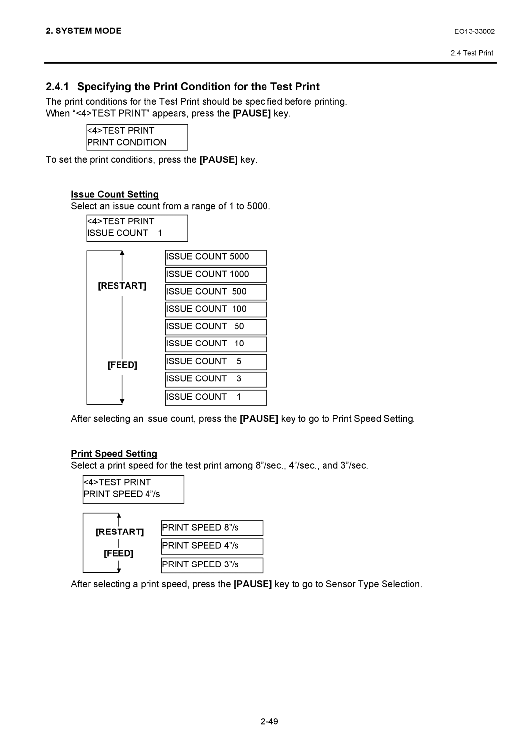 Toshiba B-SX8T, B-SX6T Specifying the Print Condition for the Test Print, To set the print conditions, press the Pause key 