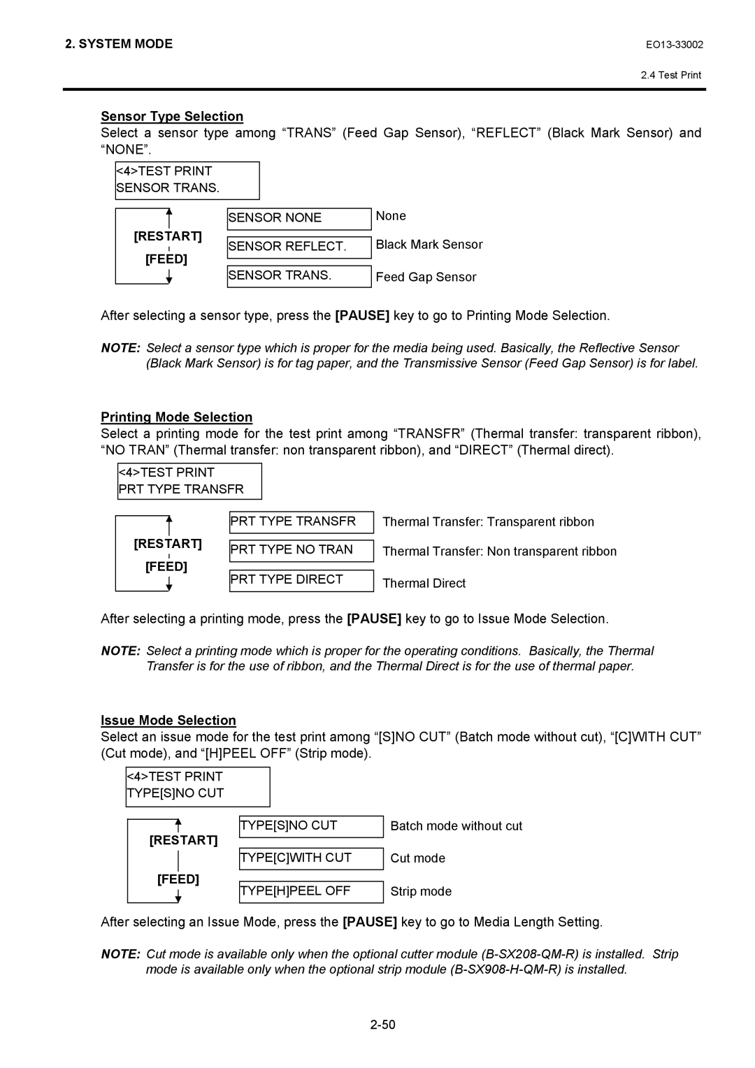 Toshiba B-SX6T, B-SX8T manual Sensor Type Selection, Printing Mode Selection, Issue Mode Selection 