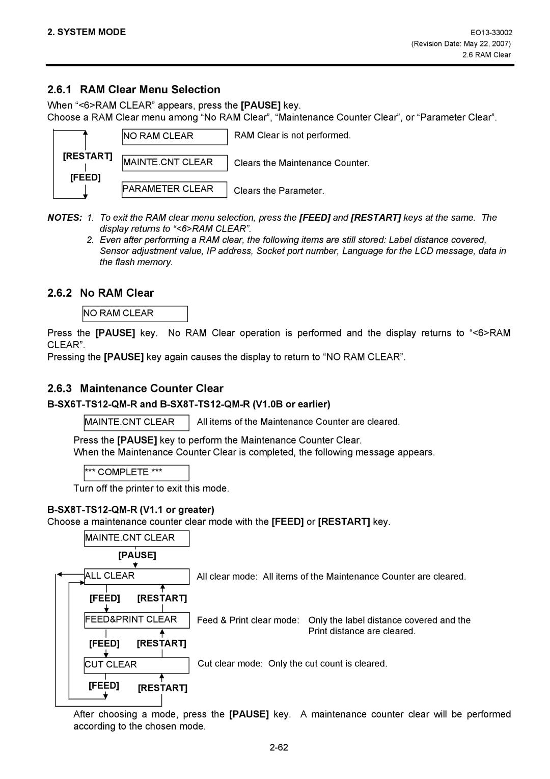 Toshiba B-SX6T, B-SX8T RAM Clear Menu Selection, No RAM Clear, Maintenance Counter Clear, SX8T-TS12-QM-R V1.1 or greater 