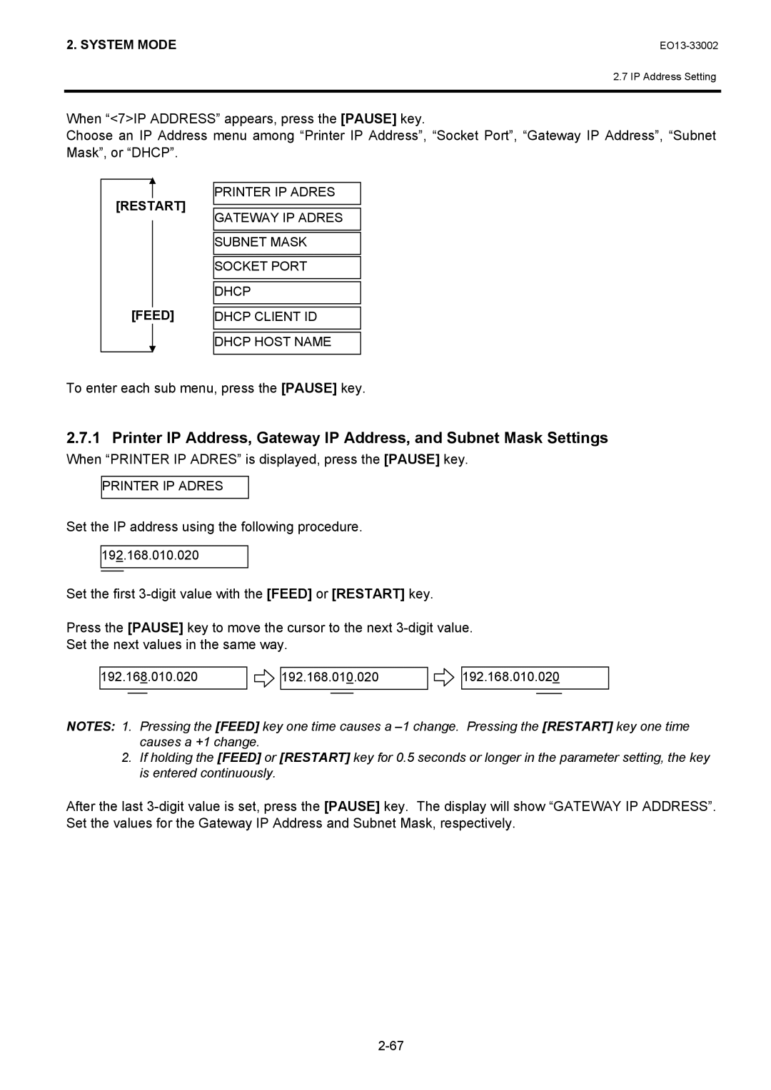 Toshiba B-SX8T manual To enter each sub menu, press the Pause key, When Printer IP Adres is displayed, press the Pause key 