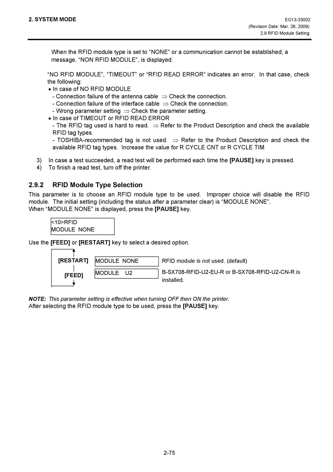 Toshiba B-SX8T, B-SX6T manual Rfid Module Type Selection, Module None Module U2 