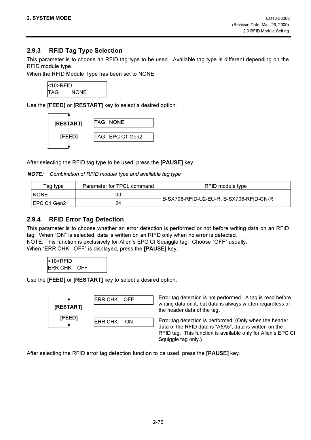 Toshiba B-SX6T, B-SX8T manual Rfid Tag Type Selection, Rfid Error Tag Detection 