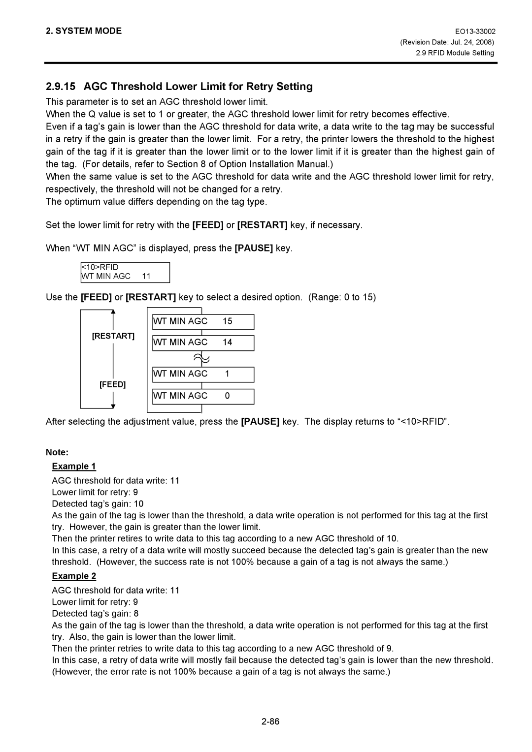 Toshiba B-SX6T, B-SX8T manual AGC Threshold Lower Limit for Retry Setting, Wt Min Agc 