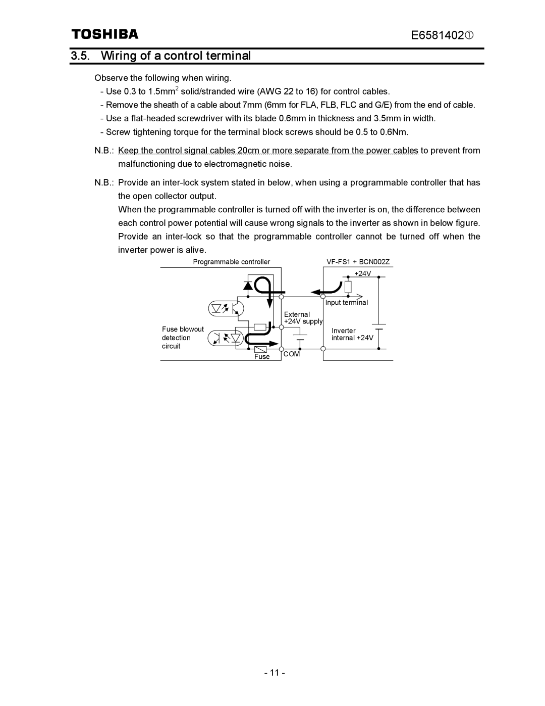 Toshiba BCN002Z instruction manual Wiring of a control terminal 