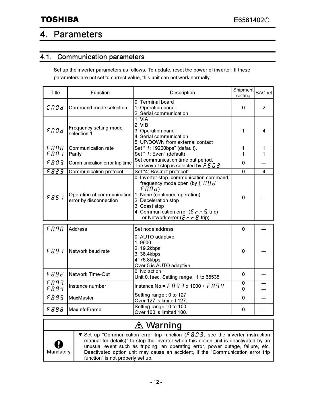 Toshiba BCN002Z instruction manual Parameters, Communication parameters 