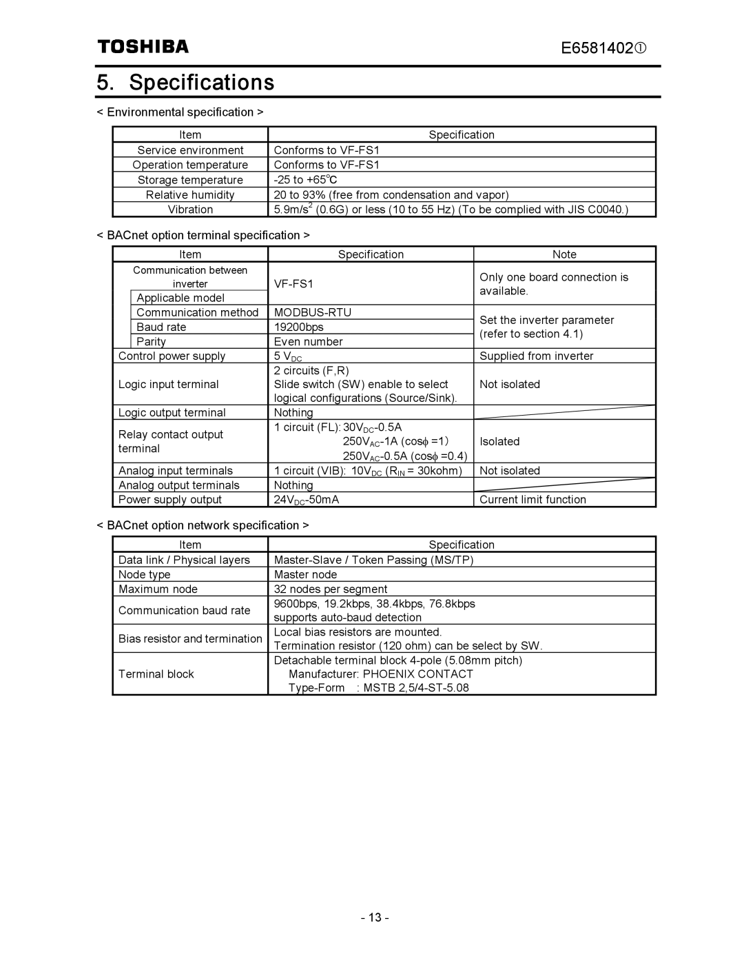 Toshiba BCN002Z instruction manual Specifications, VF-FS1, Modbus-Rtu, Vdc 