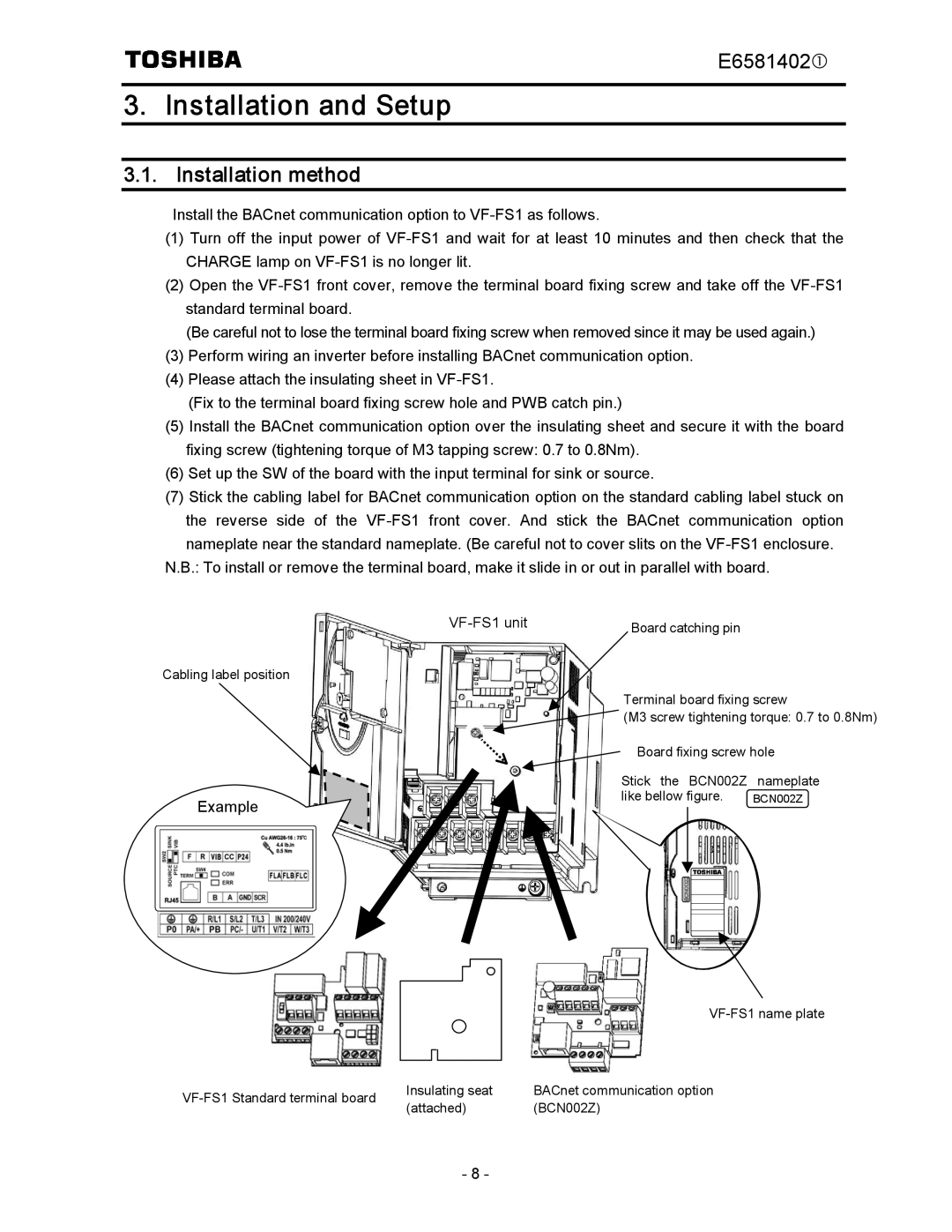 Toshiba BCN002Z instruction manual Installation and Setup, Installation method 