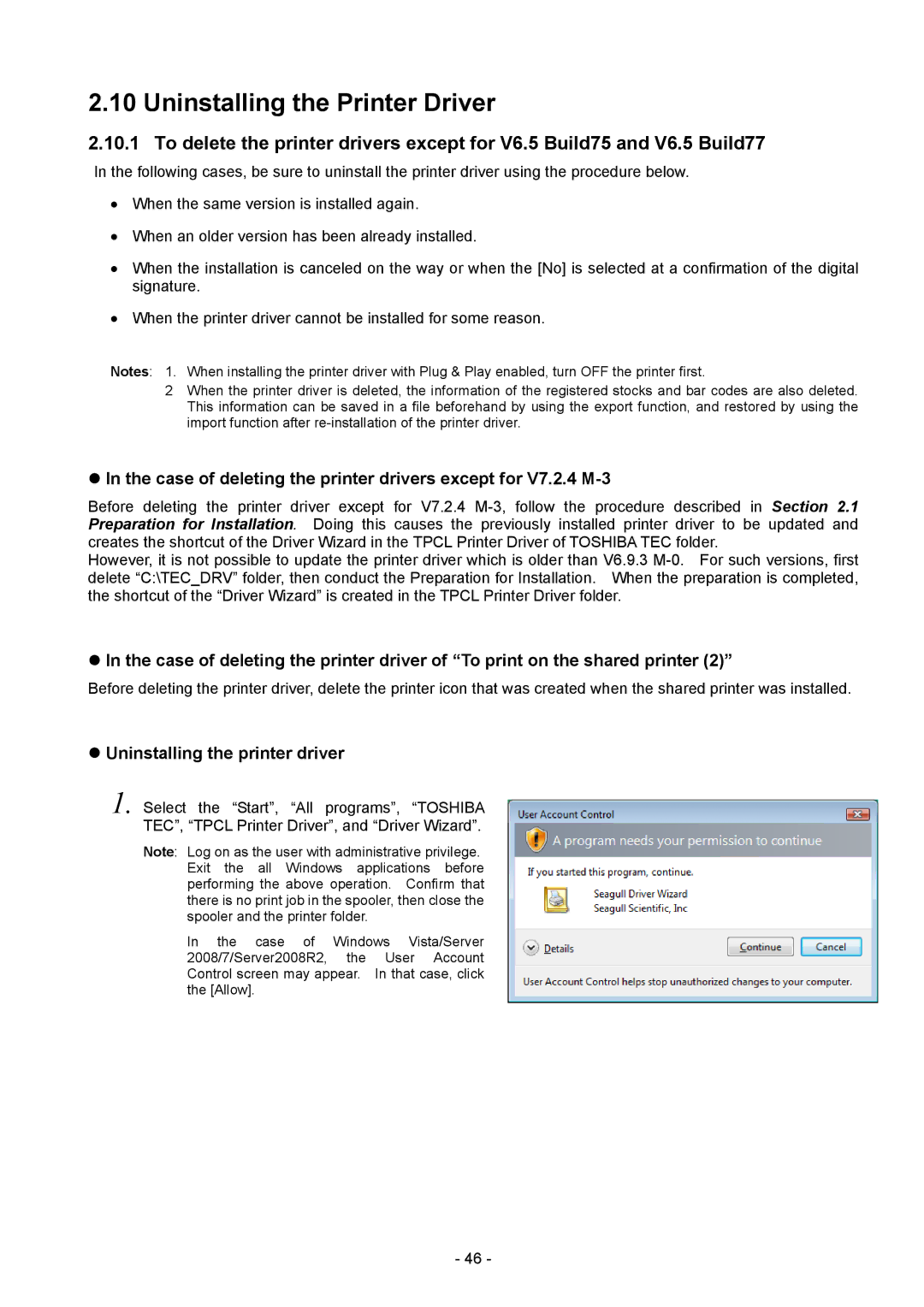 Toshiba BDRV-WBX8-Z31 Version 7.2.4 M-3 manual Uninstalling the Printer Driver, Uninstalling the printer driver 