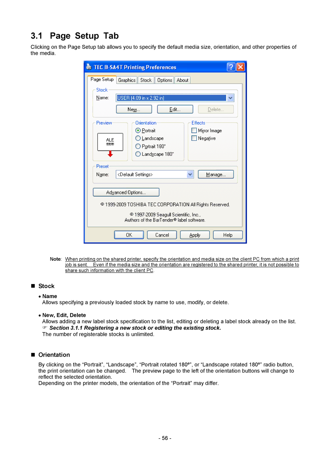 Toshiba BDRV-WBX8-Z31 Version 7.2.4 M-3 manual Setup Tab, „ Stock, „ Orientation, Name, New, Edit, Delete 