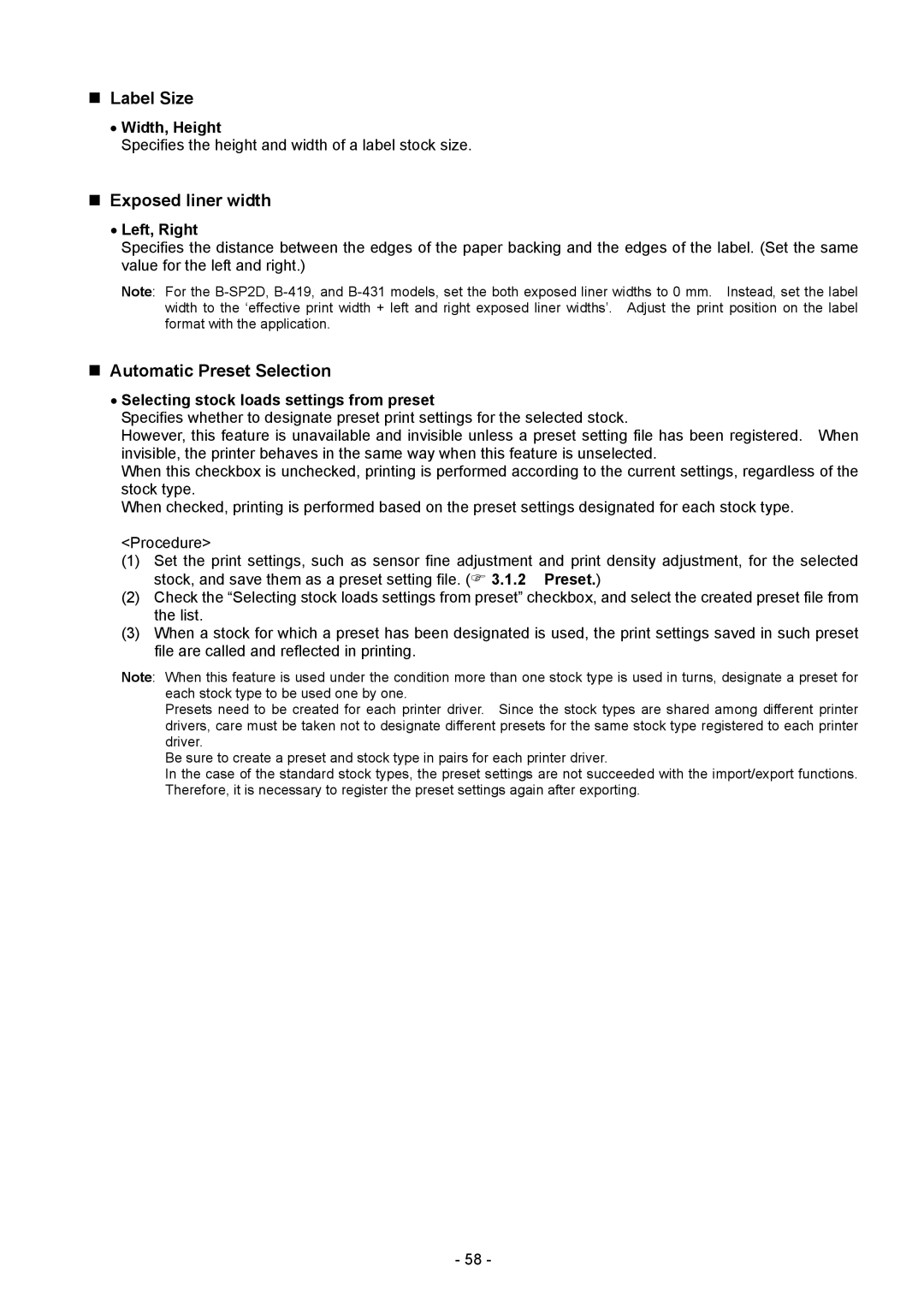 Toshiba BDRV-WBX8-Z31 Version 7.2.4 M-3 manual „ Label Size, „ Exposed liner width, „ Automatic Preset Selection 