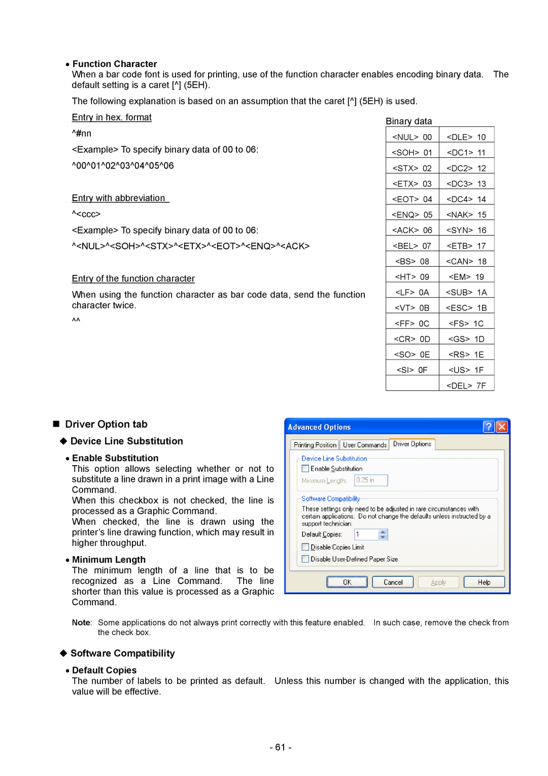 Toshiba BDRV-WBX8-Z31 Version 7.2.4 M-3 manual „ Driver Option tab, Function Character, Enable Substitution, Minimum Length 