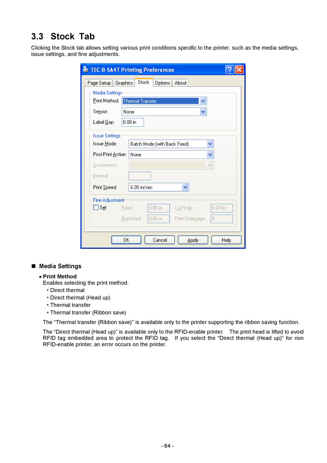 Toshiba BDRV-WBX8-Z31 Version 7.2.4 M-3 manual Stock Tab, „ Media Settings, Print Method 