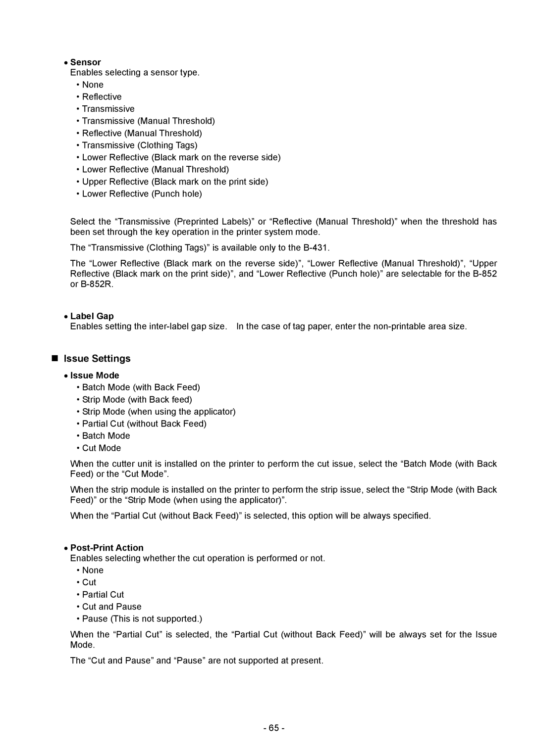 Toshiba BDRV-WBX8-Z31 Version 7.2.4 M-3 manual „ Issue Settings, Sensor, Label Gap, Issue Mode, Post-Print Action 