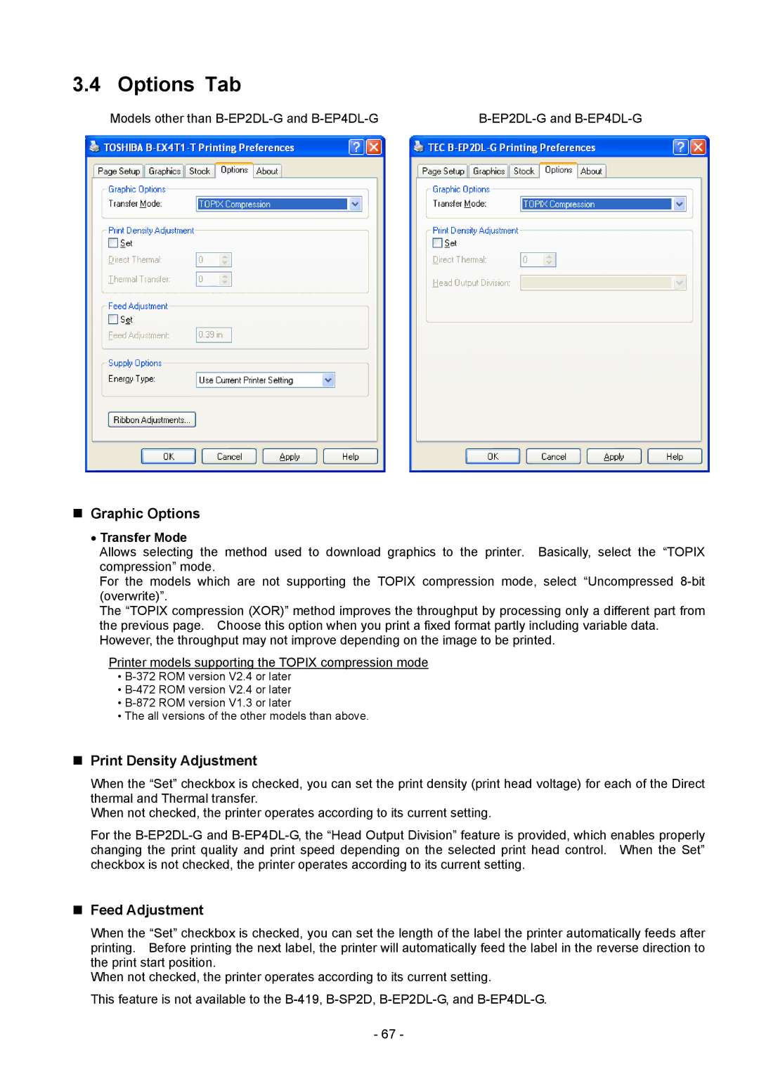 Toshiba BDRV-WBX8-Z31 Version 7.2.4 M-3 Options Tab, „ Graphic Options, „ Print Density Adjustment, „ Feed Adjustment 