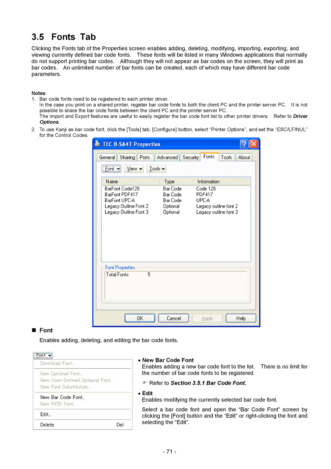 Toshiba BDRV-WBX8-Z31 Version 7.2.4 M-3 manual Fonts Tab, „ Font, New Bar Code Font, Edit 