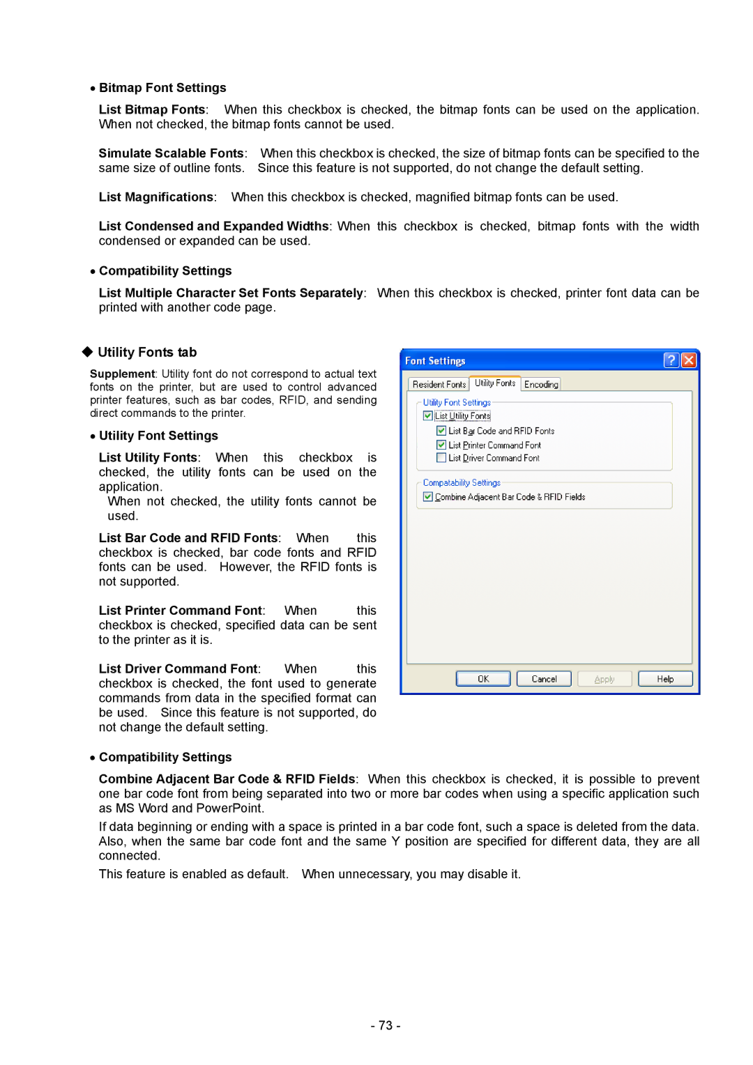 Toshiba BDRV-WBX8-Z31 Version 7.2.4 M-3 manual Bitmap Font Settings, Compatibility Settings, Utility Font Settings 