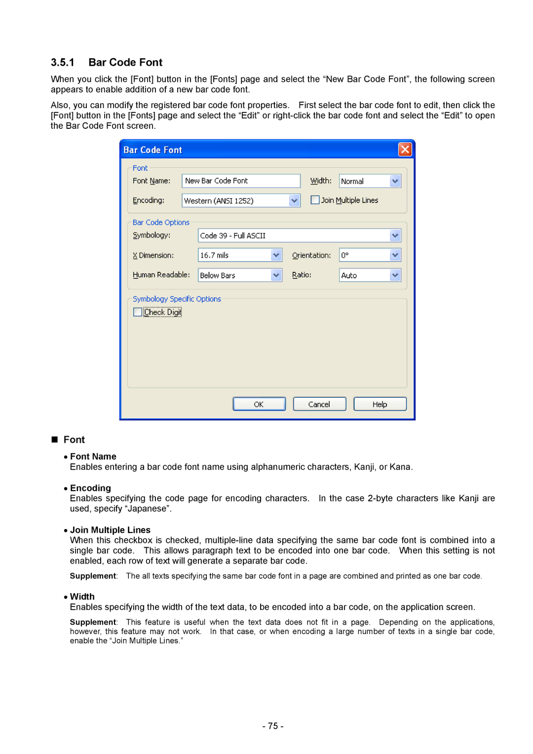 Toshiba BDRV-WBX8-Z31 Version 7.2.4 M-3 manual Font Name, Encoding, Join Multiple Lines, Width 