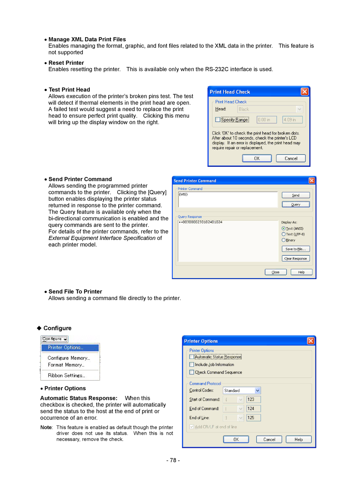 Toshiba BDRV-WBX8-Z31 Version 7.2.4 M-3 Manage XML Data Print Files, Reset Printer, Test Print Head, Send Printer Command 