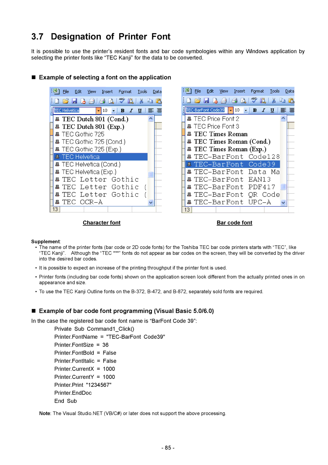 Toshiba BDRV-WBX8-Z31 Version 7.2.4 M-3 Designation of Printer Font, „ Example of selecting a font on the application 