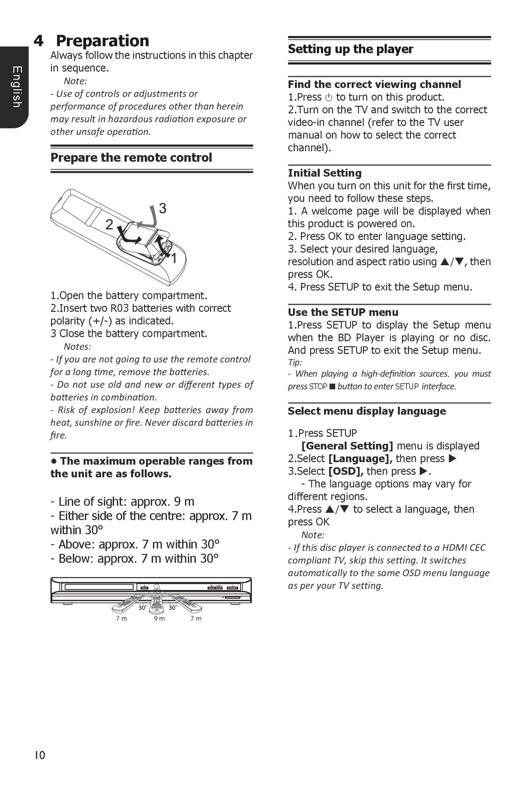 Toshiba BDX1100KC owner manual Preparation, Setting up the player 