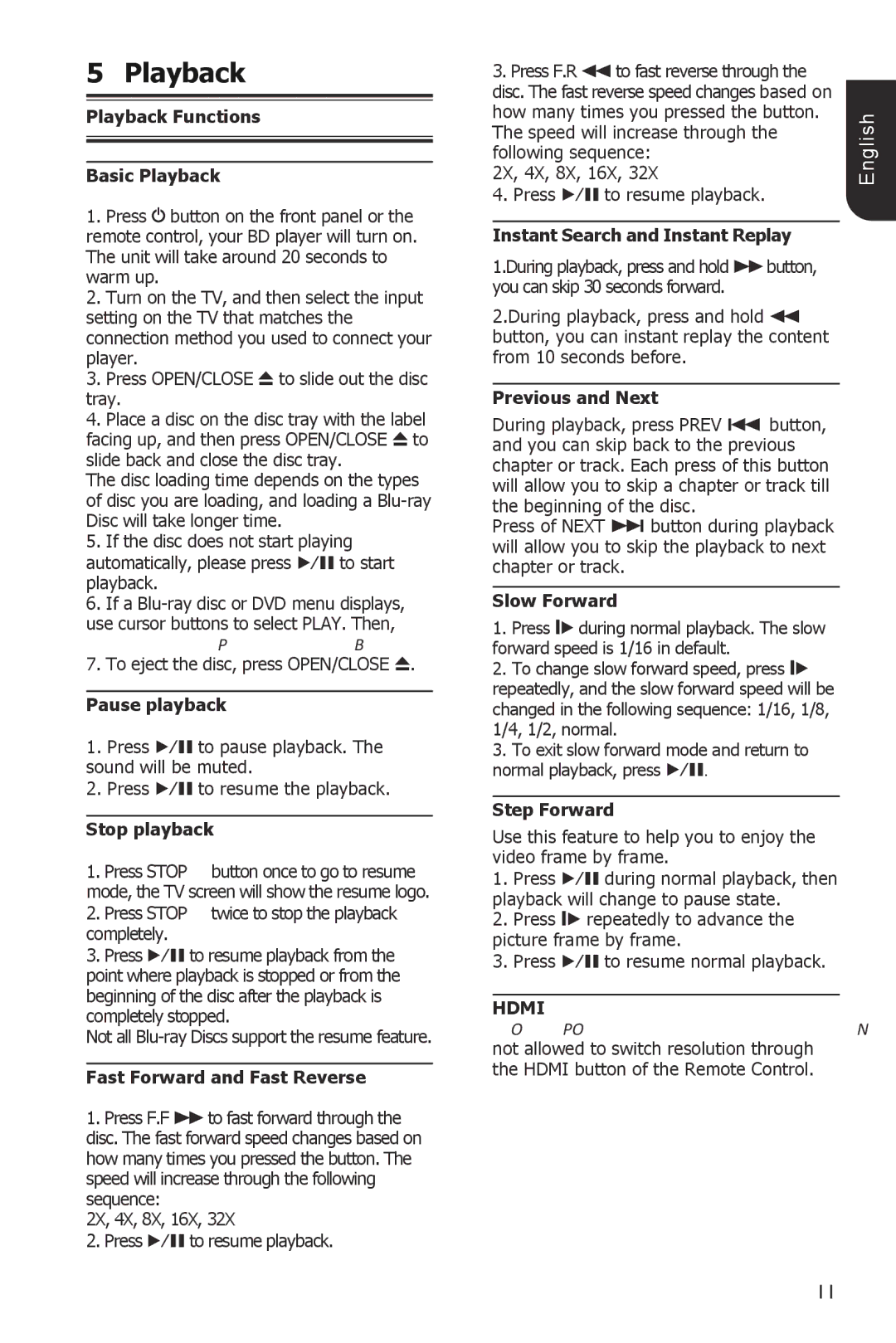 Toshiba BDX1100KC owner manual Playback, Hdmi 