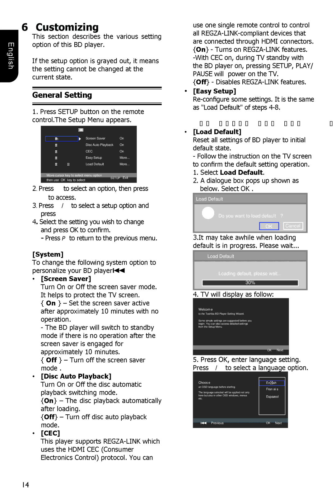 Toshiba BDX1100KC owner manual Customizing, General Setting 