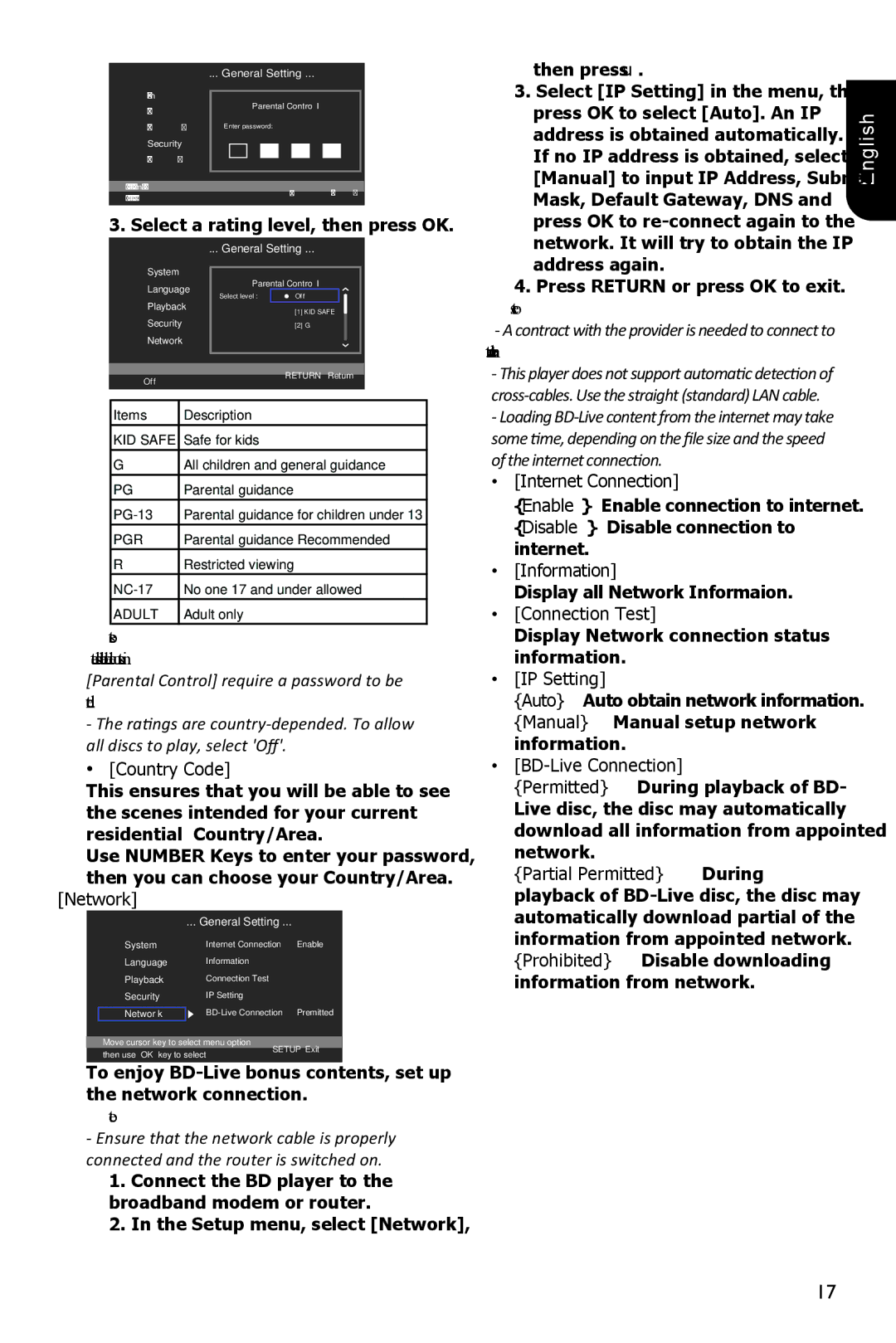 Toshiba BDX1100KC owner manual Country Code, Network, Internet Connection, Information, Connection Test, IP Setting 