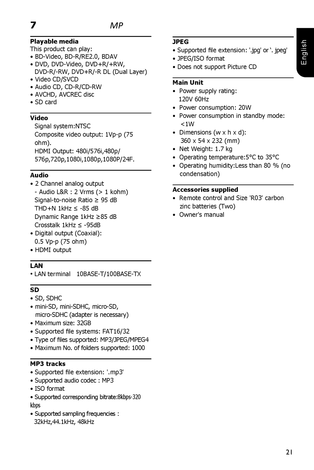 Toshiba BDX1100KC owner manual Specification, Lan, Jpeg 