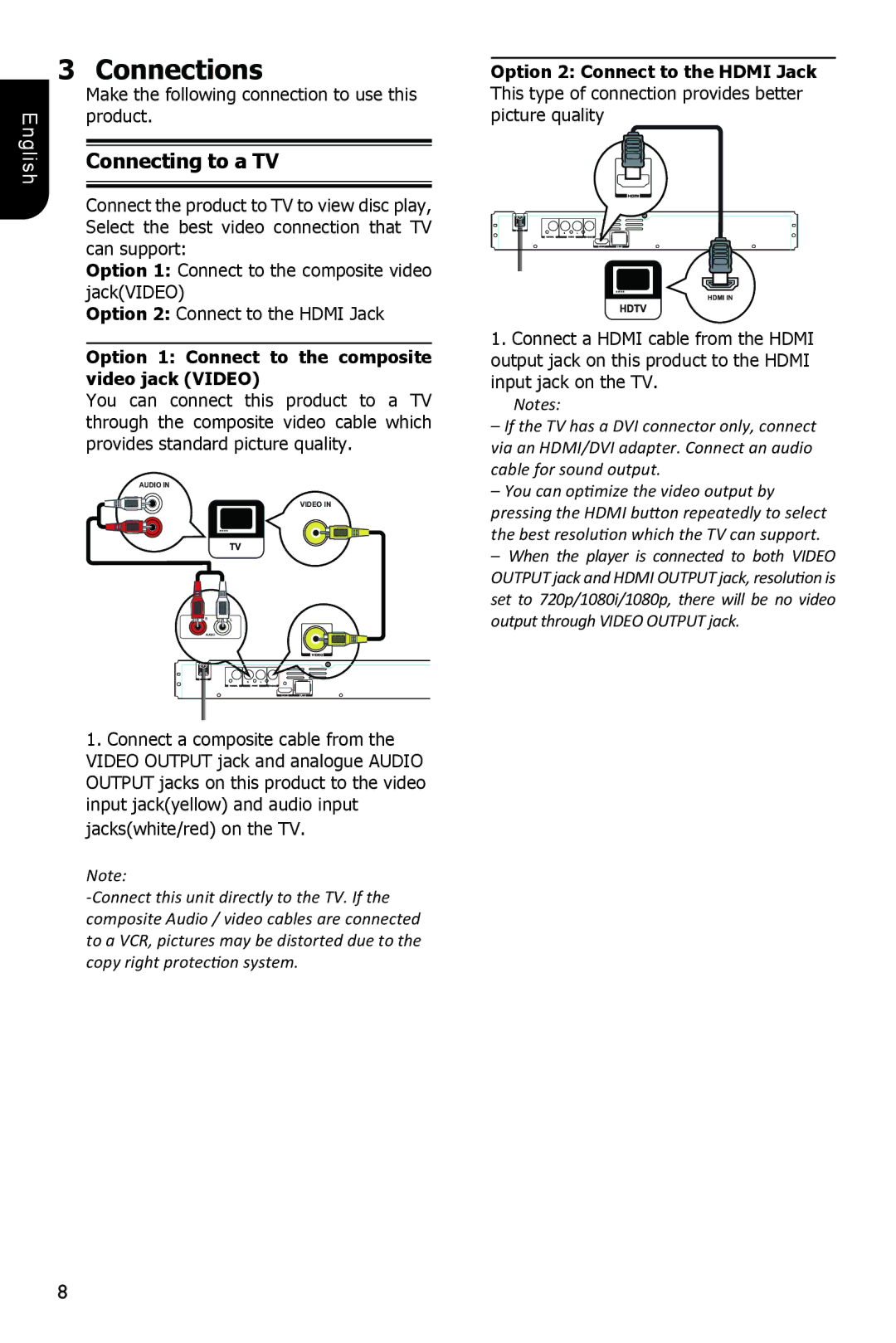 Toshiba BDX1100KC owner manual Connections, Connecting to a TV, Option 1 Connect to the composite video jack Video 