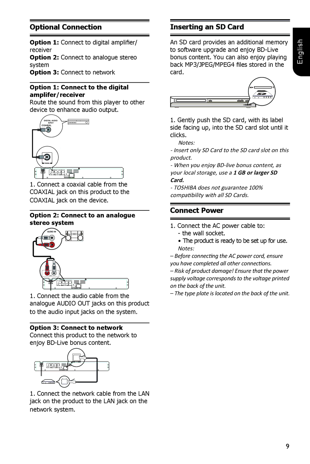 Toshiba BDX1100KC Optional Connection, Inserting an SD Card, Connect Power, Option 2 Connect to an analogue stereo system 