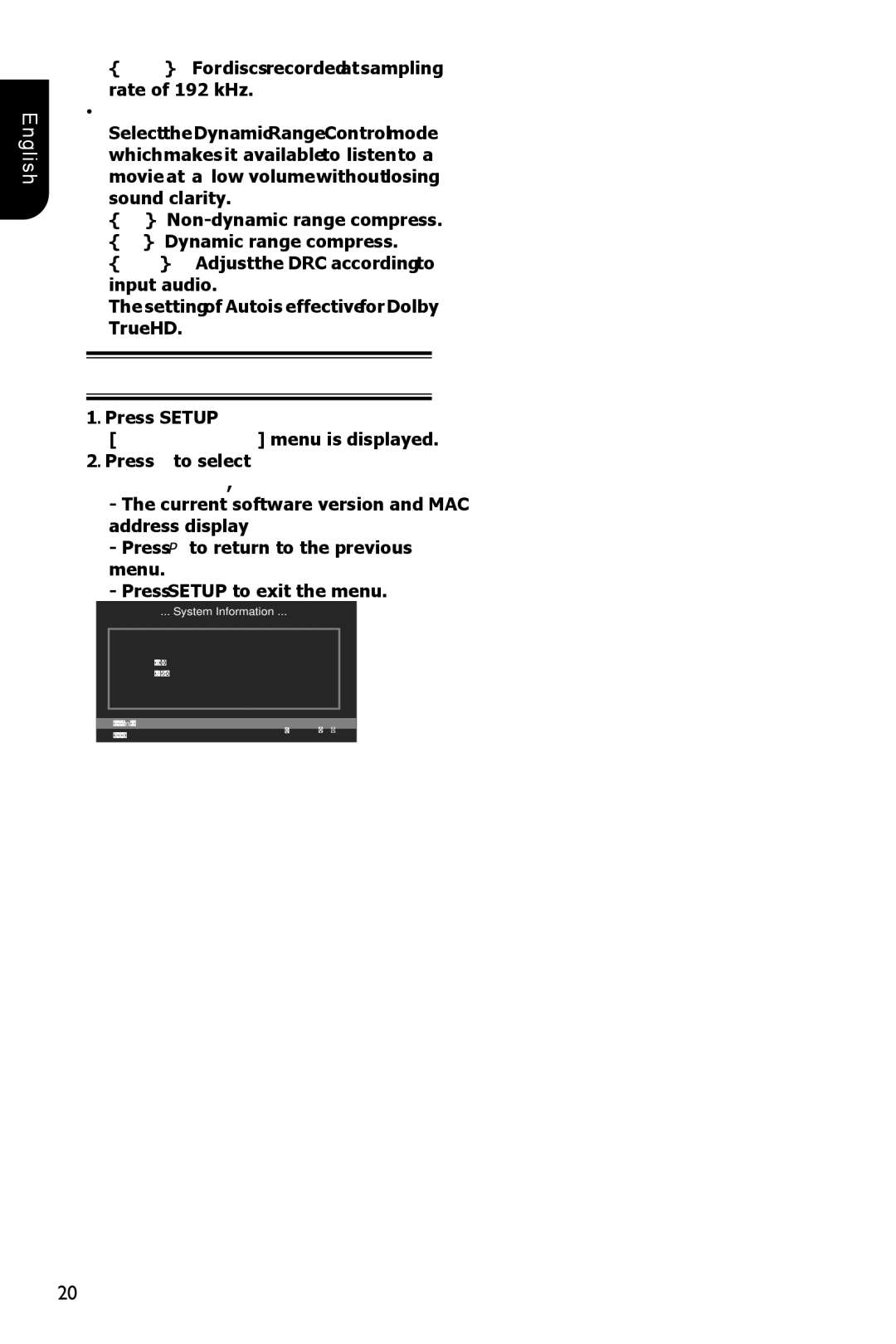 Toshiba BDX1100KU owner manual System Information, 192K For discs recorded at sampling rate of 192 kHz, Drc 