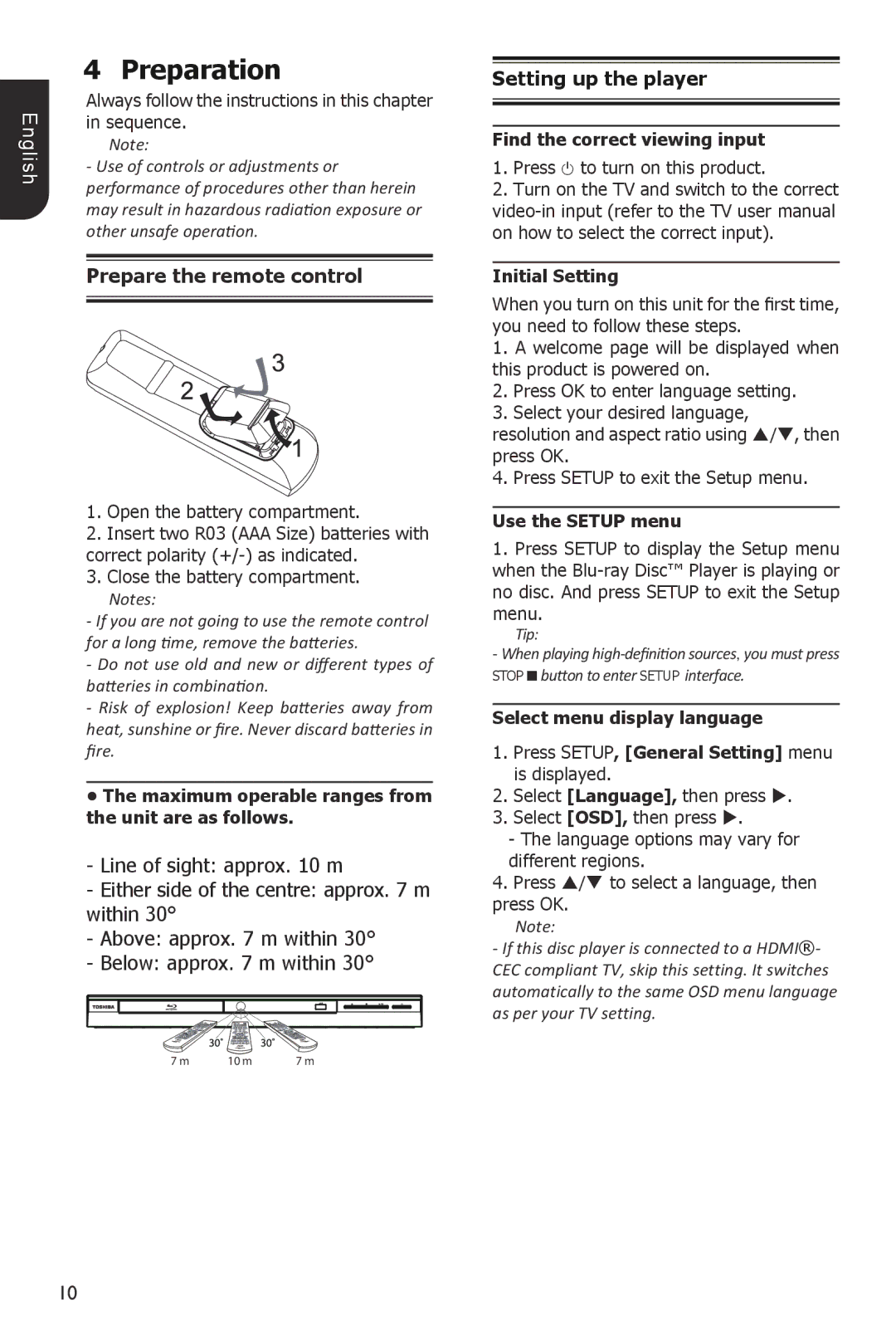 Toshiba BDX1200KU owner manual Preparation, Setting up the player 